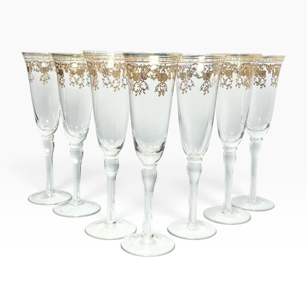 1980s Vintage 7 Elegant Gold Scroll Rose Fluted Champagne Glasses 9 1/2” 7oz